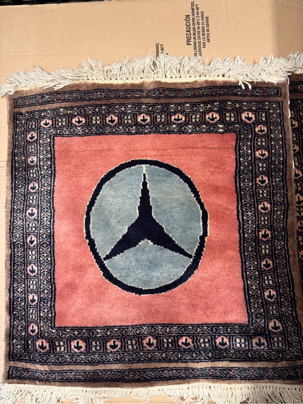 Mercedes Benz Hand-Knotted Square Rug Wool Silk 2ft by 2ft